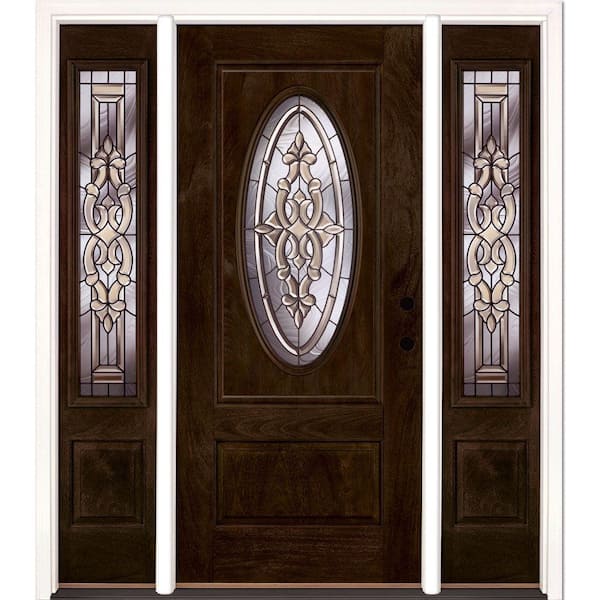 67.5 in.x81.625in.Silverdale Patina 3/4 Oval Lt Stained Chestnut Mahogany Lt-Hd Fiberglass Prehung Front Door w Sidelite