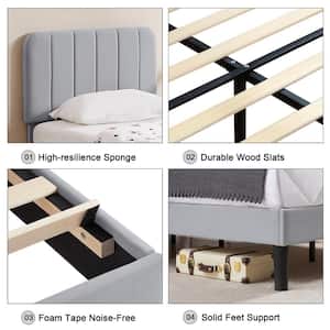 Upholstered Bed, Light Gray Queen Bed Platform Bed with Adjustable Headboard, Strong Wooden Slats Support Bed Frame