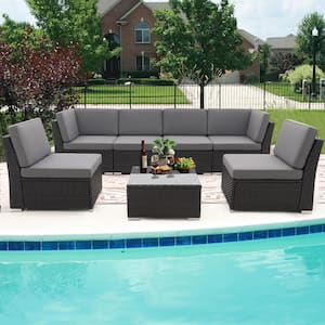 Anky Black/Brown 7-Piece Rattan Wicker Patio Conversation Sectional Seating Set with Olefin Taupe Cushions