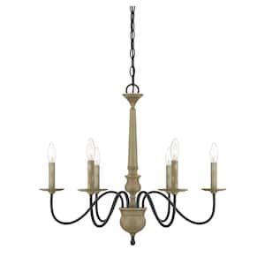 27 in. W x 23 in. H 6-Light Distressed Wood Chandelier with Curved Arms