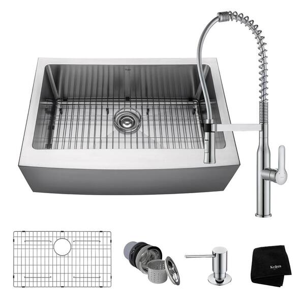 KRAUS All-in-One Farmhouse Apron Front Stainless Steel 30 in. 0-Hole Single Bowl Kitchen Sink with Faucet in Chrome