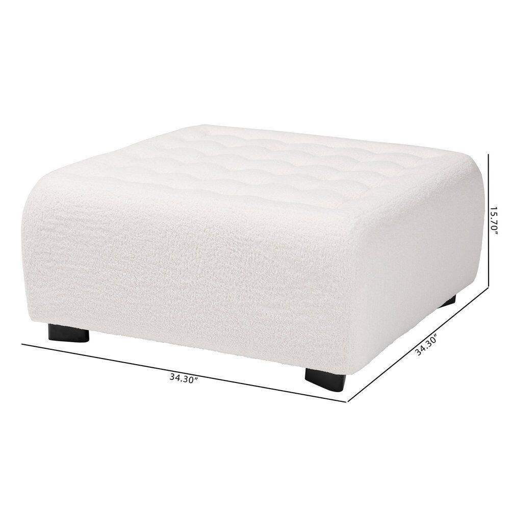 Ivory Boucle Upholstered Box Tufted Ottoman with Black Wood Legs