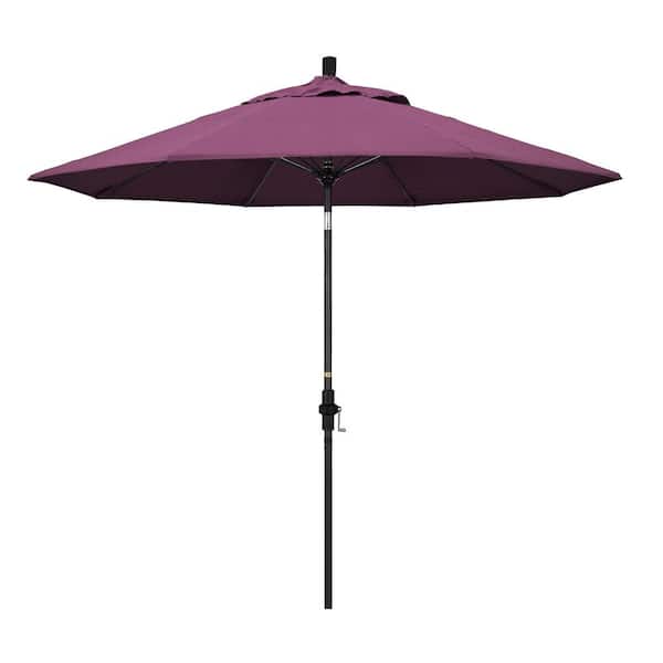 California Umbrella 9 ft. Matted Black Aluminum Collar Tilt Crank Lift Market Patio Umbrella in Iris Sunbrella