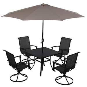 5-Piece Metal Square Table Patio Outdoor Dining Set in Black with High Back Wave Arm Chairs and Umbrella Hole
