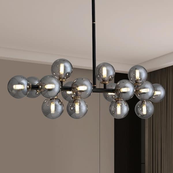 SILJOY 40 in. Black and Smoked Chandelier Mid-century Contemporary Living Room Black Pendant Light Fixtures