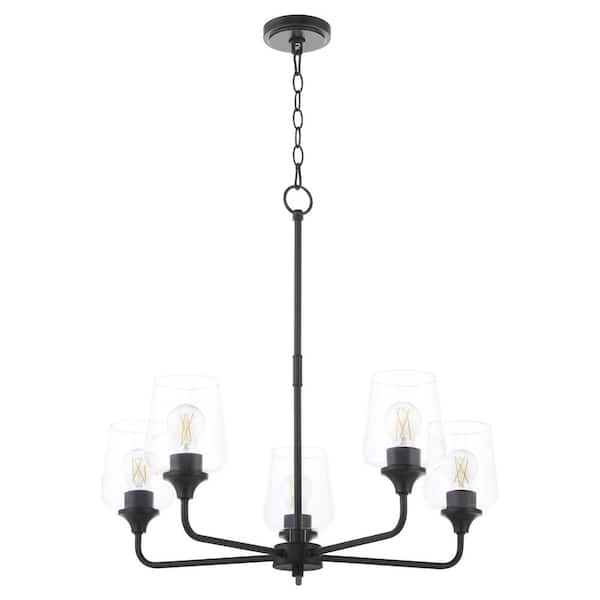 quorum Raymond 60-Watt 5 Light Matte Black Chandelier Light with Clear Glass Shade, No Light Bulb Included