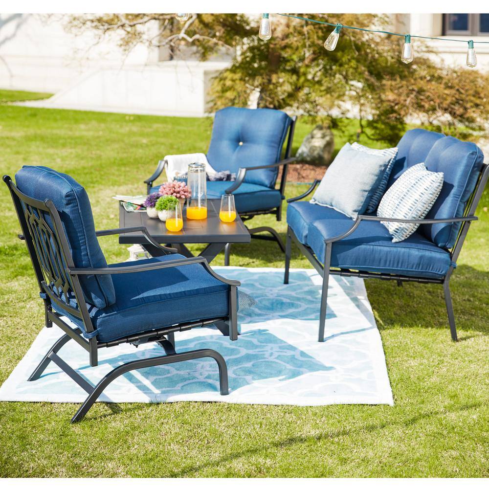Patio Festival  4-Piece Metal Patio Conversation Set with Blue Cushions - 2