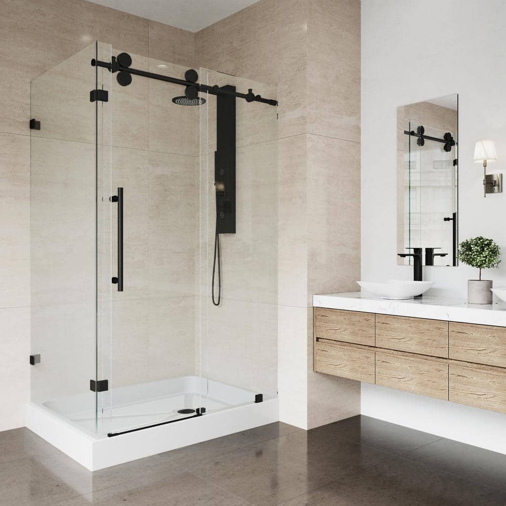 Winslow Matte Black Frameless Sliding Shower Enclosure with Clear Glass