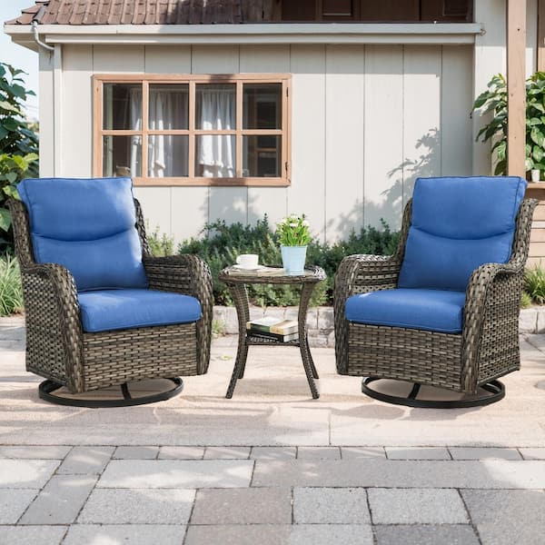 Gymojoy Carolina Gray Wicker 3-Piece Outdoor Swivel Glider Set Outdoor Conversation Set with Blue Thick Cushions