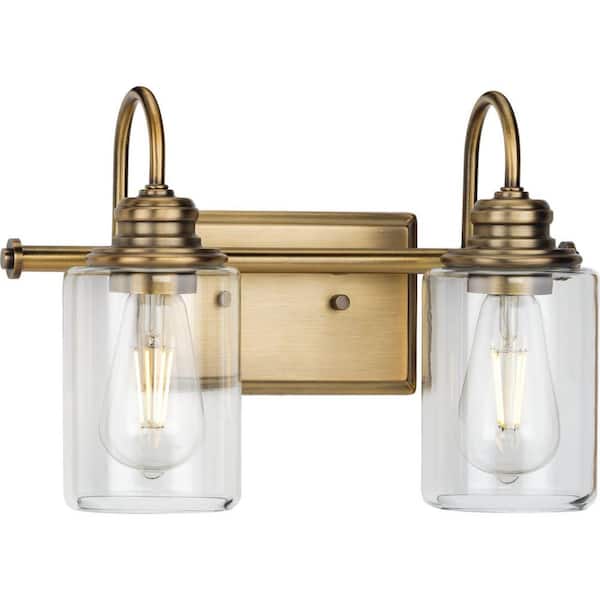 Progress Lighting Aiken 2-Light Vintage Brass Clear Glass Vintage Wall Light