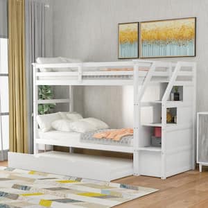 White Twin Over Twin Bunk Bed with Trundle Stairway Bunk Bed Frame with 3-Storage Drawers and Guard Rail