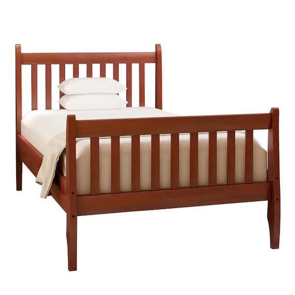 Polibi 41.30 in. W Walnut Twin Size Wooden Platform Bed with Strip Headboard and Footboard