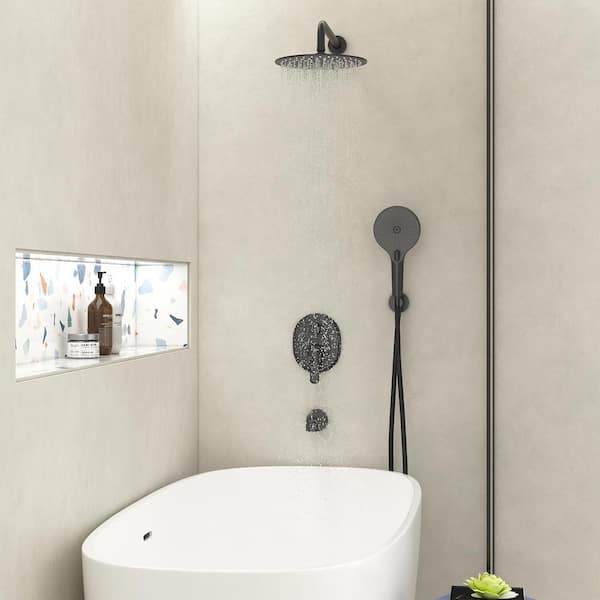 3-Spray Patterns Wall Mount Handheld Shower Head with Tub Faucet and 10 in. Shower Head 1.8 GPM in Matte Black