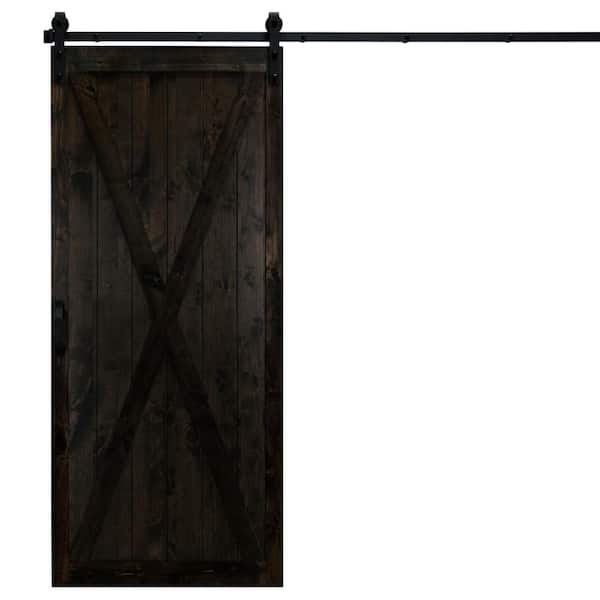 Unbranded 42 in. x 84 in. Classic X Midnight Black Alder Wood Interior Barn Door Slab with Sliding Door Hardware Kit