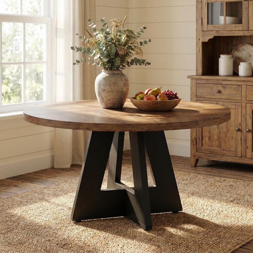 Roesler Rustic Brown & Black Marble Pattern Wood 47 In. 4 Legs Round Dining Table Small Kitchen Dining Table Seats 4