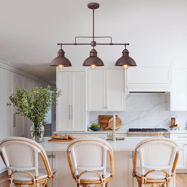 Potlid 3-Light 35.4 in. W Distressed Antique Rust Linear Pendant Light Chandelier for Dining Table and Kitchen Island