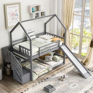 Gray Twin Over Twin Wood House Bunk Bed with Convertible Slide and Storage Staircase