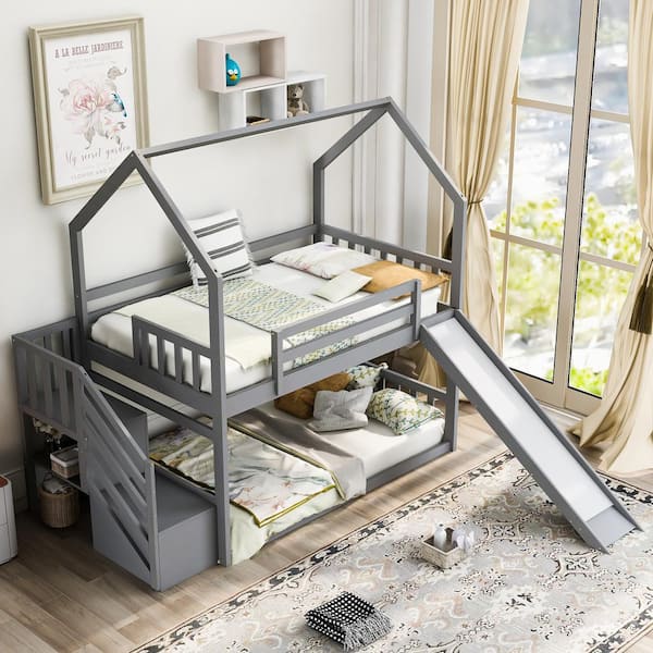 Harper & Bright Designs Gray Twin Over Twin Wood House Bunk Bed with Convertible Slide and Storage Staircase