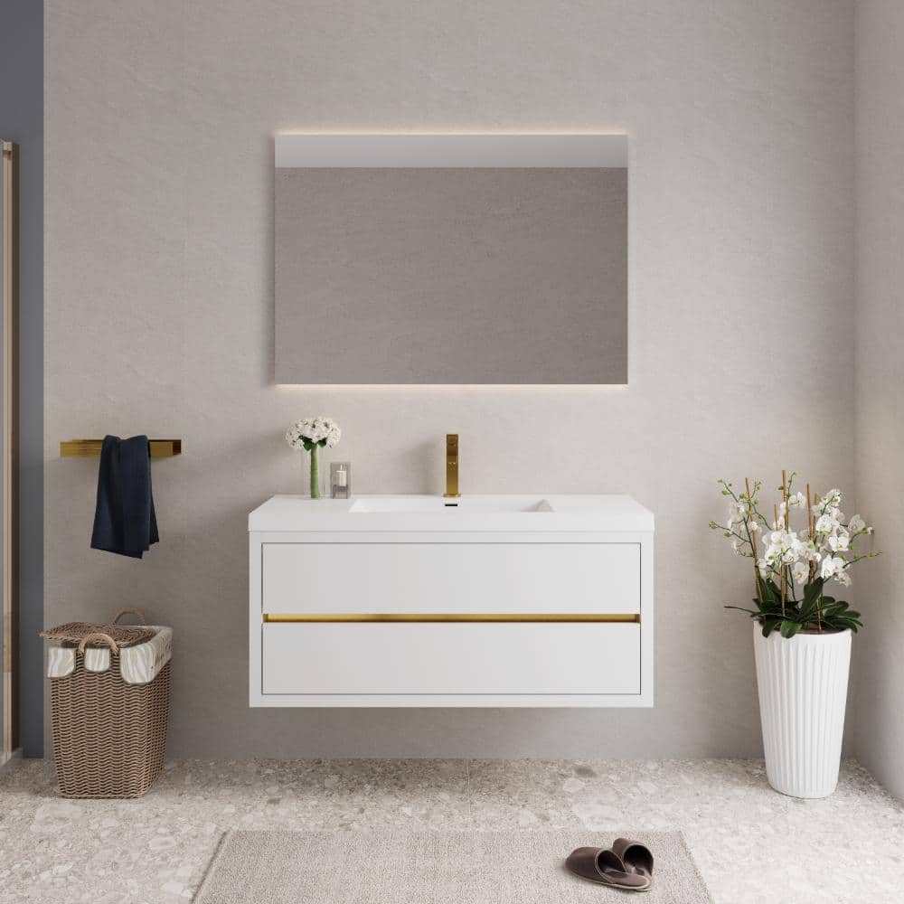48 in. W Single Sink Wall-Mounted Floating Bath Vanity Storage Cabinet in Glossy White with White Stone Resin Top price history on PriceWatchPro