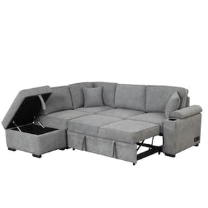 87.4 in. W Gray Velvet Pull Out Reversible Sofa Bed L Shape Couch with Storage Ottoman
