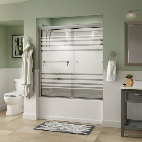 Delta Portman Traditional 50-1/8 to 59-3/8 in. W x 58 in. H Semi-Frameless Sliding Bathtub Door, Nickel, Transition Glass