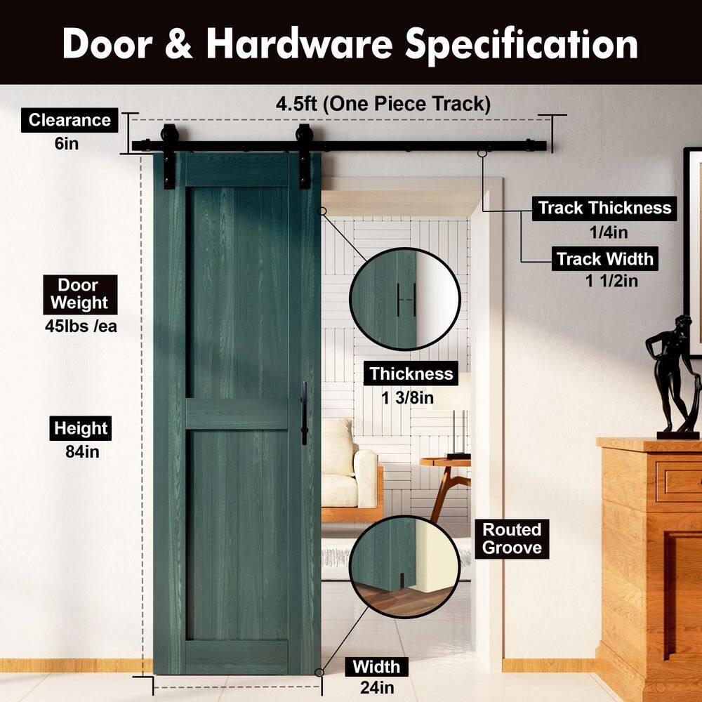 Royal Pine 24" x 84" Paneled Barn Door with Black Hardware