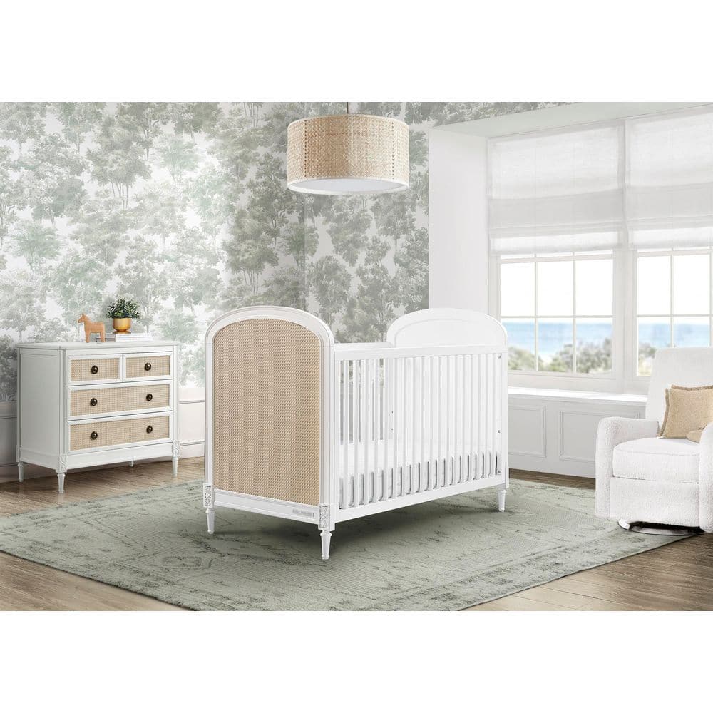 White and Natural Wood Convertible Toddler Crib with Cane Panels