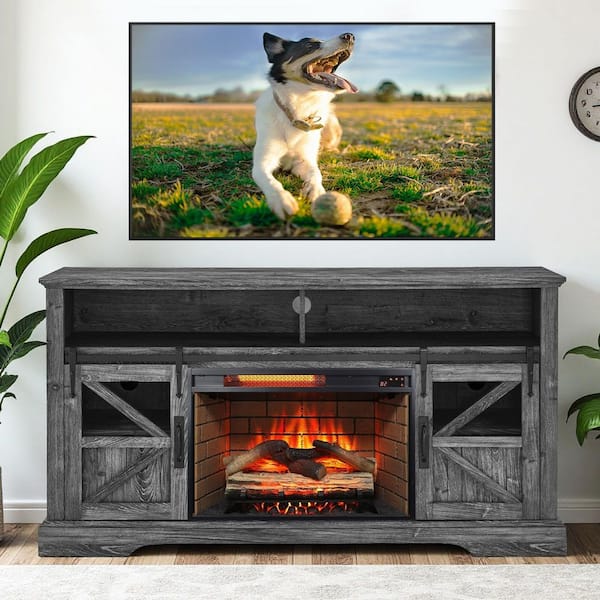60 in. Freestanding Wooden Electric Fireplace TV Stand with Door Sensor in Dark Rustic Oak Fits TVs up to 70 in.