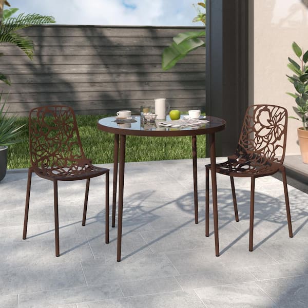 Leisuremod Devon Outdoor Dining Chair in Aluminum Modern Stackable Design Patio Side Chair in Brown (Set of 2)