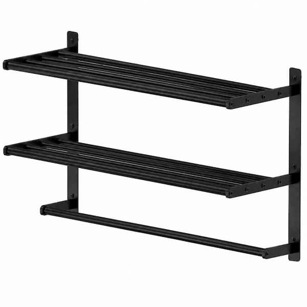 Hotel Towel Rack with 3-Tier Shelf, 24 in. Wall Mounted Matte Black Bathroom Bar for Bath Towels