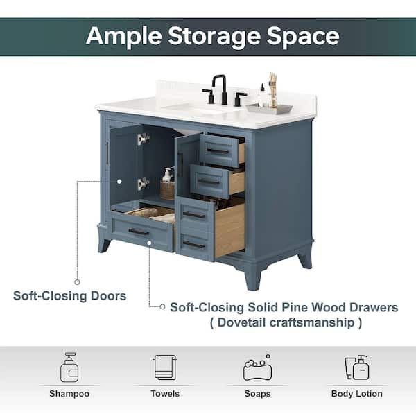 Rawsonville 49 in. Single Sink Freestanding Steel Blue Bath Vanity with White Quartz Top and Backsplash Assembled