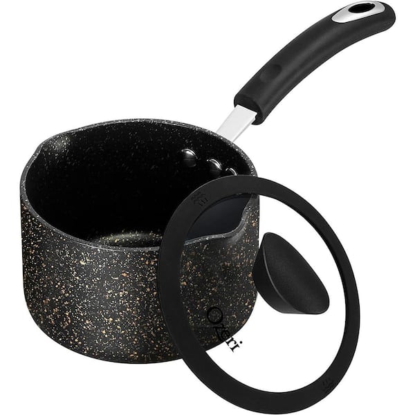1.6 qt. Stone Layered with Aluminum Core Nonstick Saucepan in Obsidian Gold with Silicone Coated Handle and Glass Lid