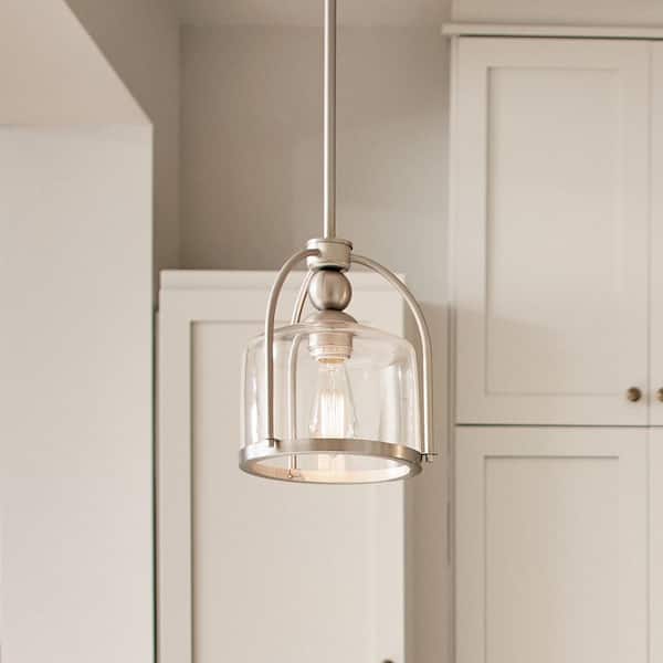1-Light Brushed Nickel Transitional Shaded Kitchen Mini Pendant Hanging Light with Clear Glass