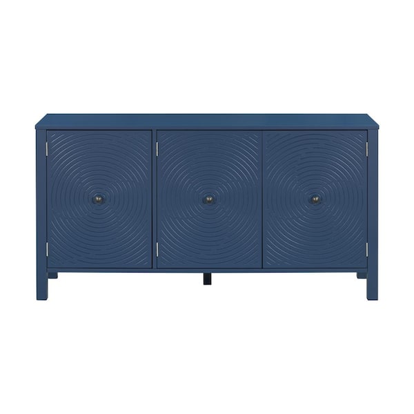 Unbranded 56.1 in. W x 17 in. D x 29.2 in. H Navy Blue Linen Cabinet with Curved Swirl Patterned Doors and Artistic Door Design