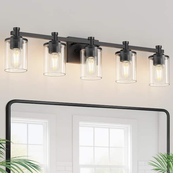 33 in. 5-Light Black Bathroom Vanity Light with Clear Glass Shades for Bathroom, Bedroom, or Hallway