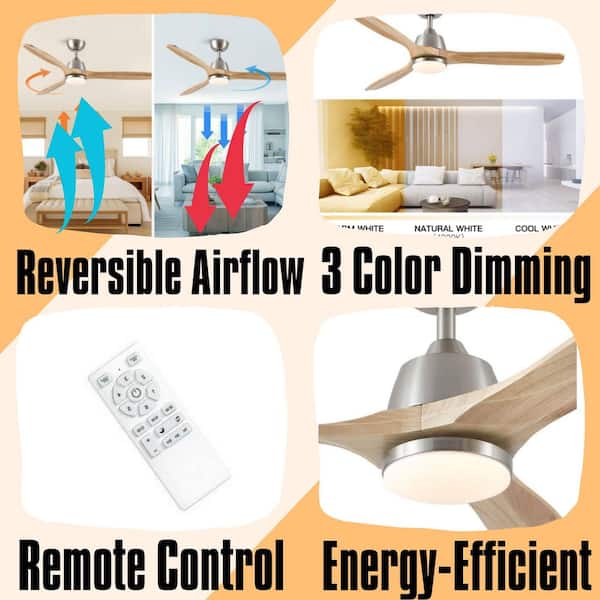 52 in. Brown Intergrated LED Ceiling Fan Lighting with Remote Control Brushed Nickel, Downrod Mount