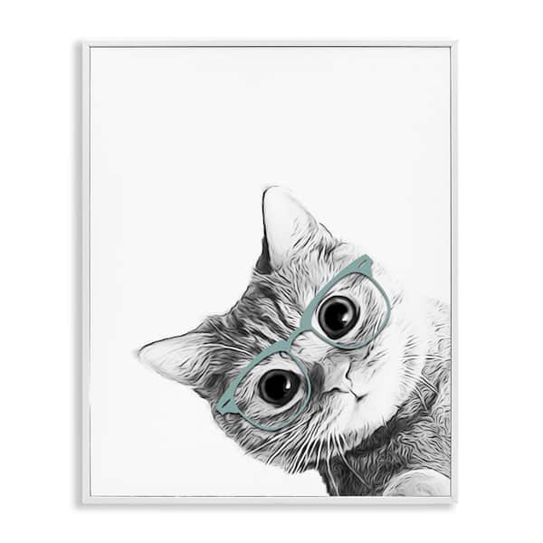 Monochrome Cat Kitten Peeking Glasses Portrait by Annalisa Latella White Framed Giclee Art Print Animal 11 in. x 14 in.