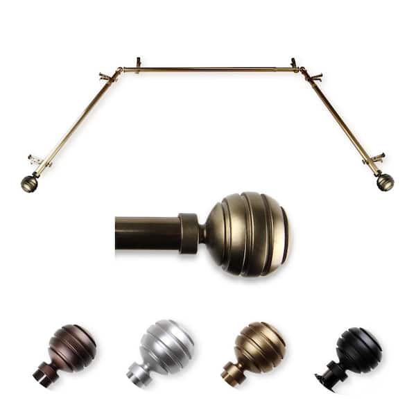 EMOH 13/16" Dia Adjustable 20"-36", 38"-72" Bay Window Curtain Rod with Ysabel Finials in Antique Brass