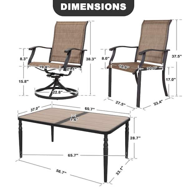 Black 7-Piece Textilene and Metal Rectangle Outdoor Dining Set with Umbrella Hole, Wood-Grain Tabletop and Swivel Design
