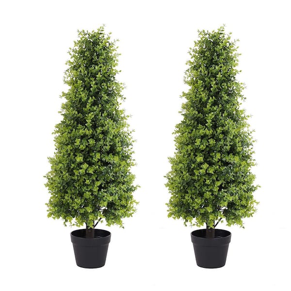 Zeus & Ruta 2 Pieces 3 ft. Artificial Topiary Tower Tree, UV Resistant Fake Evergreen Bushes and Shrubs for Front Porch Patio