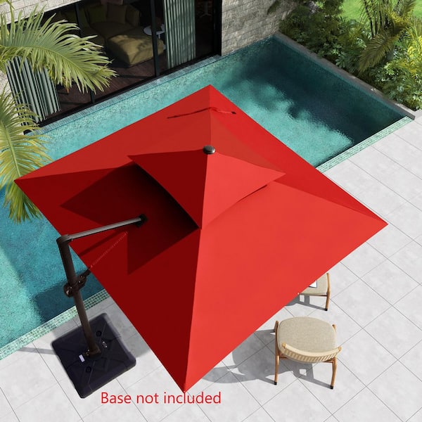 10 ft. Square Double Top Outdoor Aluminum Cantilever Tilt 360° Swivel Patio Umbrella in Red with No Base