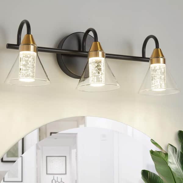 Deyidn Lighting 18.5 in. 3-Light Brushed Gold and Black Metal and Crystal Bubble LED Vanity Light with Glass Shade