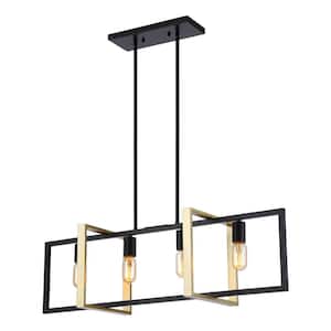 35.5 in. 4-Light Matte Black and Gold Linear Industrial Hanging Island Chandelier for Kitchen Dining Room