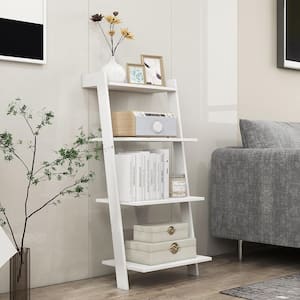 19.5 in. Wide 4-Tier Ladder Shelf Leaning Bookshelf withAnti-falling Baffle Wood Bookcase White