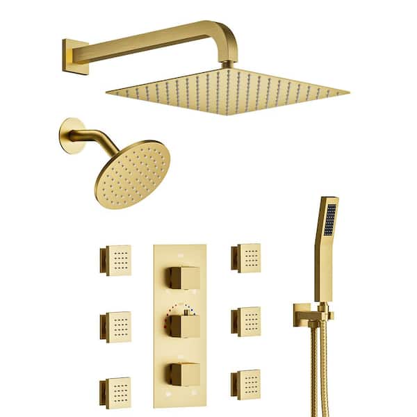 CRANACH Thermostatic Triple Handles 8-Spray Dual Shower Head Shower Faucet with 6-Jets 2.5 GPM in Brushed Gold(Valve Included)