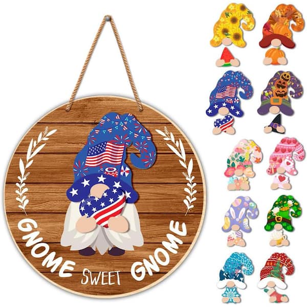 Unbranded 12 in. x 12 in. Multicolor Round Seasonal Gnome Interchangeable Decor 21-Pieces by Wooden Wall Art