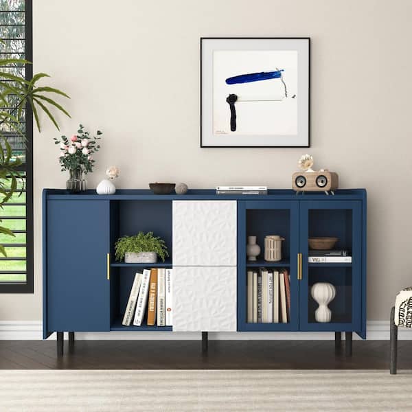 Tileon Modern Kitchen Pantry Storage Cabinet, 55 in. Coffee Bar Storage Cabinet with 2 Drawers in Blue