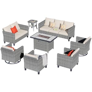 New Star Gray 8-Piece Wicker Patio Rectangle Fire Pit Conversation Seating Set with Beige Cushions and Swivel Chairs