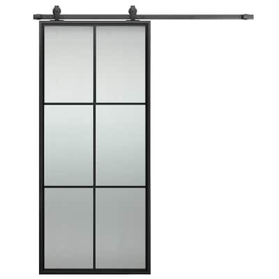 38 in. x 84 in. Black Metal 6-Lite Barn Door with Tempered Sandblasted Glass, Black Top Mounted Hardware Kit and Handle