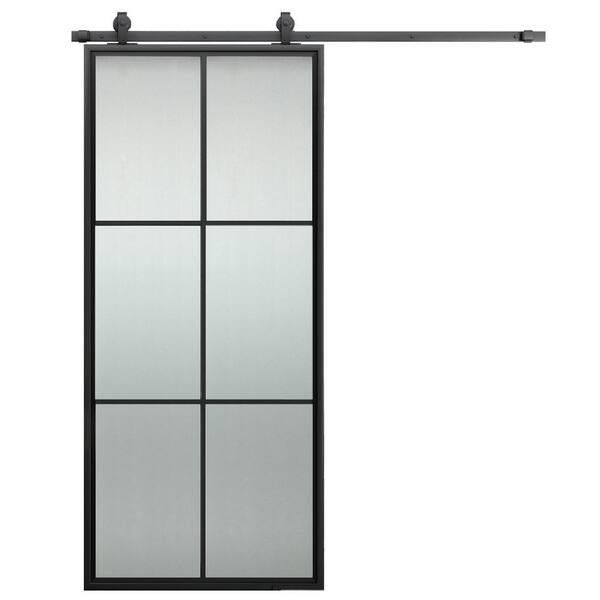 Pacific Entries 38 in. x 84 in. Black Metal 6-Lite Barn Door with Tempered Sandblasted Glass, Black Top Mounted Hardware Kit and Handle